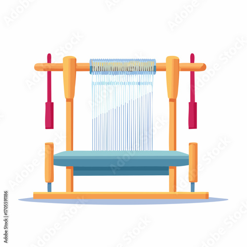Wooden Hand Loom With Blue Seat Weaving White Cloth