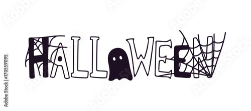 Original Halloween inscription. Purple vector lettering HALLOWEEN with ghost and spider webs for holiday greeting cards and posters. Hand drawn Halloween lettering in whimsical and spooky font.