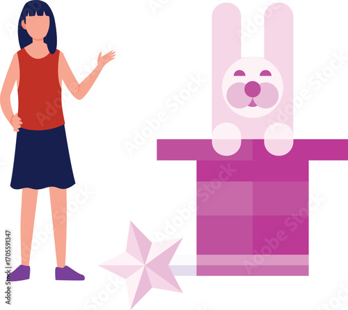 Girl brings star and rabbit from the hat