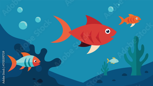 Dynamic underwater battle vector illustration of fish defending their ocean home