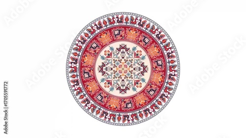 Bulgarian embroidery design element rotating in loop over white background