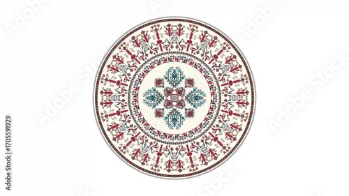 Bulgarian embroidery design element rotating in loop over white background