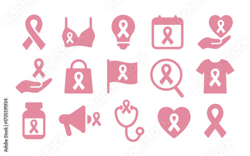 Vector icons set for Breast Cancer Awareness Month, including ribbons, hearts, etc. Perfect for social media, print, or web design. Pink October icons set.