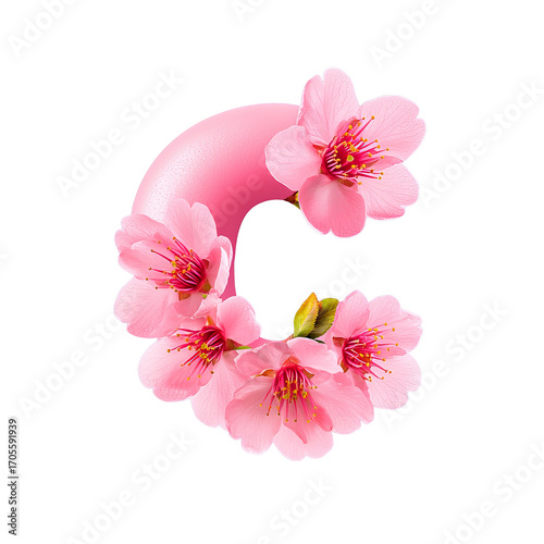 Pink floral letter C made of spring cherry blossom petals with delicate stamen and fresh leaf, soft romantic design