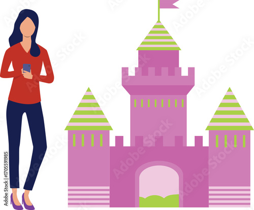 Girl holding mobile is standing in front of Fun land
