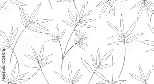 Seamless pattern of delicate bamboo leaves in a minimalist line art style.