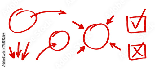 Set of hand drawn red exam marks, including checkmarks, crosses, arrows and other grading symbols. Simple and useful vector chalk crayon elements for educational or evaluation themed designs.