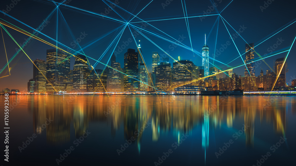 Obraz premium Twilight a city of modern business and smart digital innovation with a network of interconnected rewards over the cityscape of the future smart wireless digital city and social media network