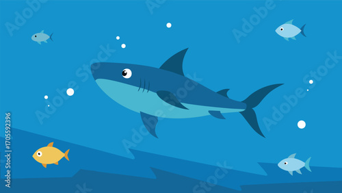 Dynamic underwater shark chase scene illustration with small fish and bubbles vector art