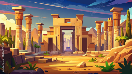 Ancient ruins of the Karnak Temple in Luxor, with massive stone columns, detailed hieroglyphs, and monumental gateways, sacred site of worship for the gods of Egypt
