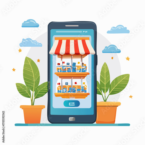 Online Shopping Mobile Application With Store Shelves Plants and Clouds