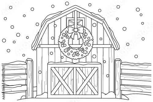 Christmas Wreath vector illustration showing a festive wreath with holly berries and a ribbon bow hanging on a wooden barn door during snowy winter season drawn in line art style