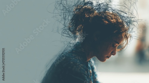Woman with chaotic scribble lines around head, concept of overthinking and mental stress