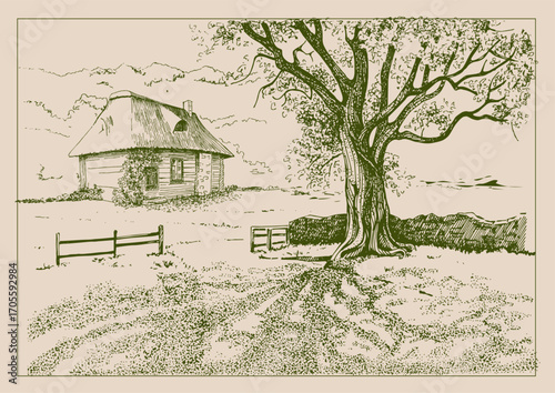 Rural landscape, tree and farm. Hand drawn vintage engraved sketch.