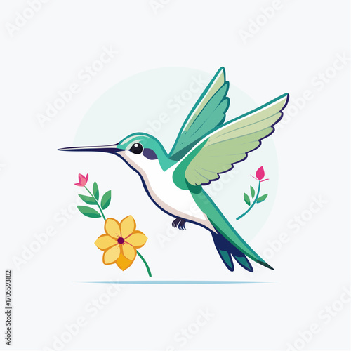 Whimsical Depiction of a Vibrant Hummingbird in Flight with Floral Embellishments