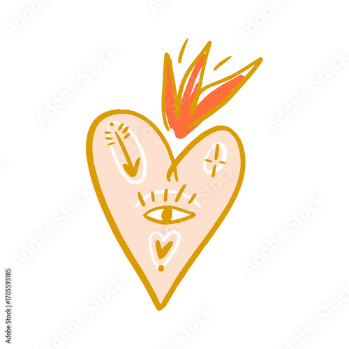 Bohemian Pink Heart with Crown and Eye Symbols Vector Clipart