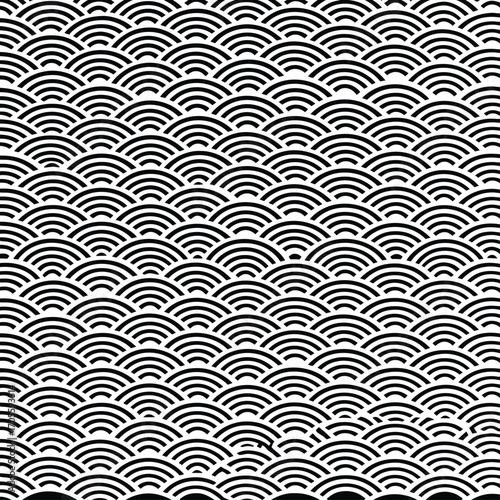 Black and White Seigaiha Pattern Featuring Repetitive Semi-Circular Arcs in Horizontally Aligned Rows and Vertically Staggered Formation — Minimalist Wave Motif Symbolizing Peace, Resilience, and Cult