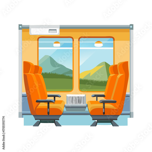 Cartoon train interior with orange seats and windows for passenger transport - modern railway cabin with comfortable chairs, scenic landscape view through glass. Public transportation design inside Se