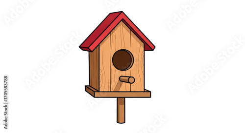 Wooden birdhouse with red roof on a pole.