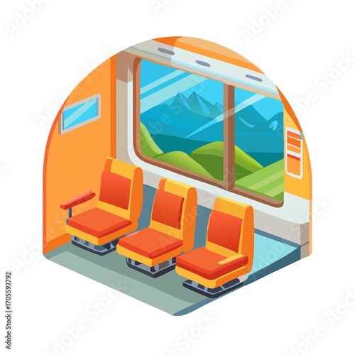 Cartoon train interior with orange seats and windows for passenger transport - modern railway cabin with comfortable chairs, scenic landscape view through glass. Public transportation design inside Se