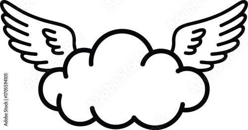 Black and White Stylized Illustration of Winged Cloud with Symmetrical Feathered Wings Extending from Rounded Central Form — Minimalist Composition Symbolizing Freedom, Transcendence, and Imaginative 