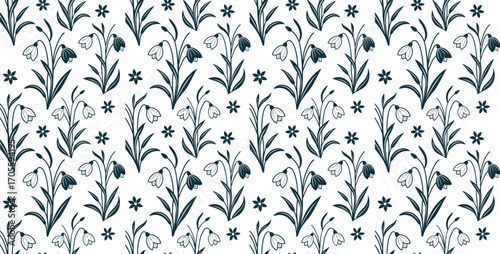 Seamless floral pattern with elegant blue flowers, leaves, and stems, ideal for textile, wallpaper, and decorative backgrounds. Botanical motif with vintage charm and symmetry. Stylish ornamental 