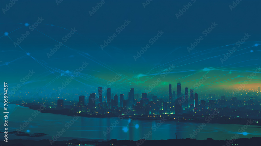 Fototapeta premium Twilight a city of modern business and smart digital innovation with a network of interconnected rewards over the cityscape of the future smart wireless digital city and social media network