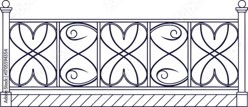 Ornamental wrought iron balcony railing design with decorative swirl pattern, elegant architectural vector illustration for fence, gate, terrace, or exterior decor projects.