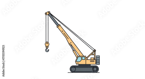 Yellow crane with hook and cables on white background.