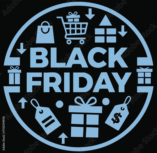 An illustrated light blue and black circular emblem for Black Friday sales.