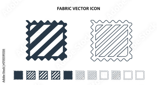 Two fabric swatch icons, one filled and one outlined, with a row of smaller swatch variations below.