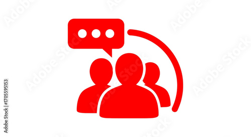 Red icon depicting a group of three people with a speech bubble, symbolizing communication, social interaction, and community.