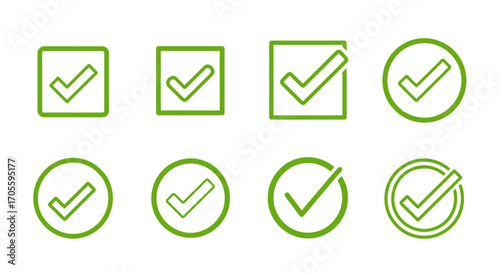 Collection of green check mark icons in various shapes, perfect for design elements.