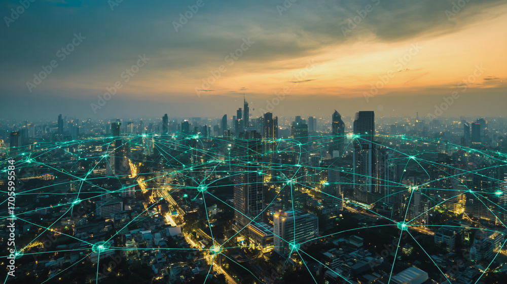 Fototapeta premium Sunshine a city of modern business and smart digital innovation with a network of interconnected rewards over the cityscape of the future smart wireless digital city and social media network