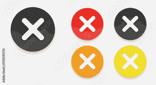 Five round buttons with a white X, in black, red, orange, and yellow.