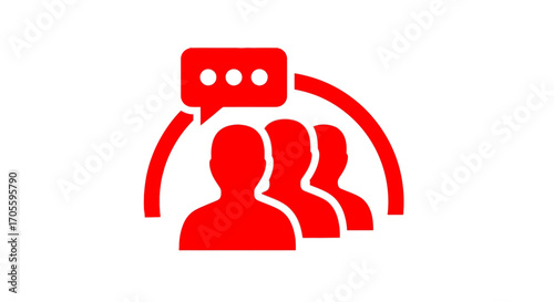 Three red figures with a speech bubble above them, symbolizing communication and teamwork.