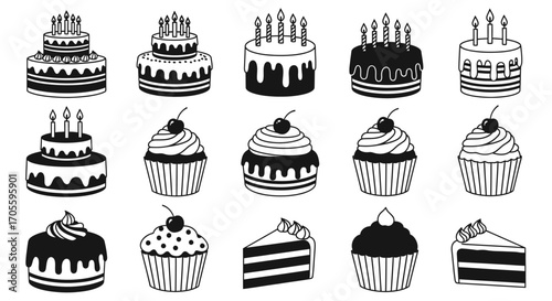 Collection of sixteen black and white cake and cupcake illustrations.