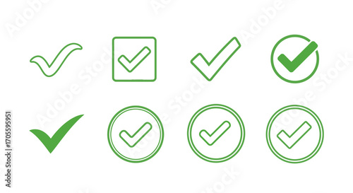 Collection of green checkmark icons in various styles and shapes.