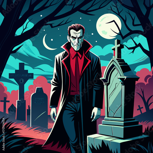 Vampire stands in a spooky cemetery under the moonlight