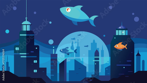 Futuristic underwater cityscapes with glowing fish and moon vector illustration