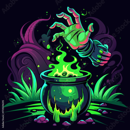 Spooky green hand reaches for bubbling witch s cauldron