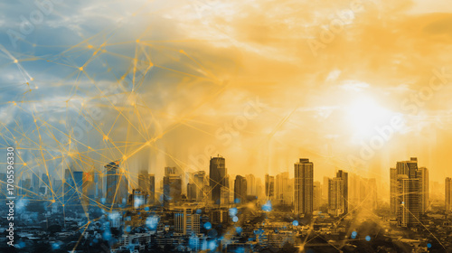 Wallpaper Mural Sunshine a city of modern business and smart digital innovation with a network of interconnected rewards over the cityscape of the future smart wireless digital city and social media network Torontodigital.ca