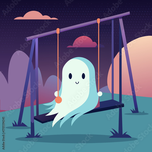 Cute ghost enjoying a swing ride at dusk