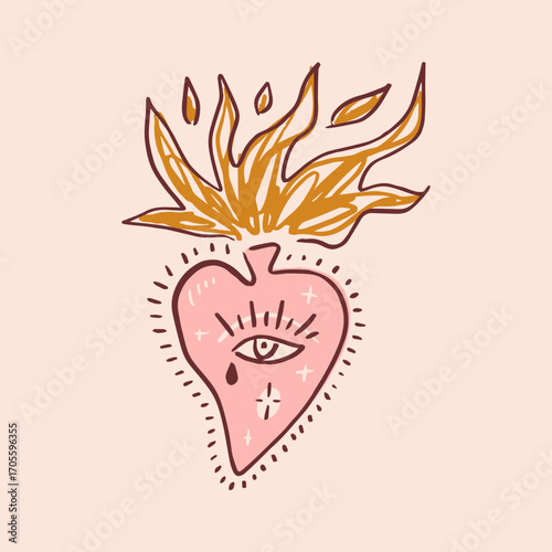 Bohemian Pink Heart with Crown and Eye Symbols Vector Clipart