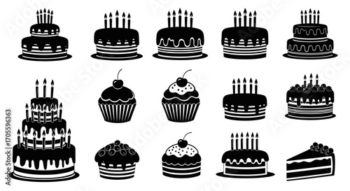 Collection of black and white cake and cupcake illustrations.