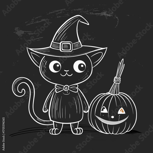 Cute black cat in witch hat with jack o lantern on chalkboard