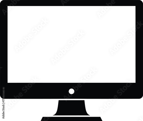 Black and white silhouette icon of a modern computer monitor with a blank white screen.