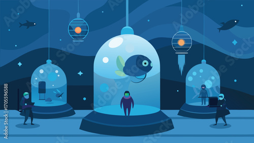 Futuristic underwater research facility exploring deep sea life vector illustration