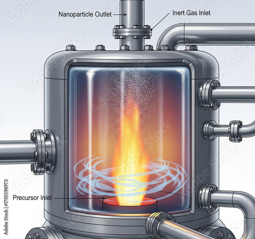 flame spray pyrolysis reactor for nanoparticle synthesis. The illustration shows precursors and an inert gas entering a high-temperature chamber to produce nanoparticles