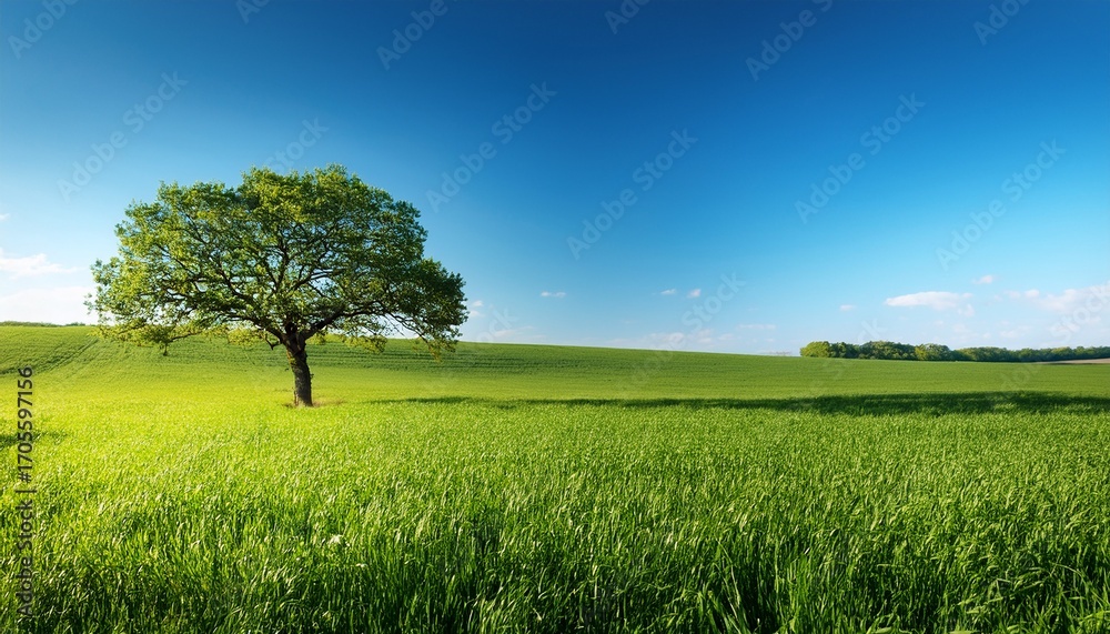 Obraz premium A Tree Is In The Foreground Of A Field Of Grass The Sky Is Clear And Blue The Grass Is Green And Lush